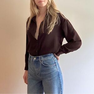 Oversized Satin Button Down Shirt in Brown